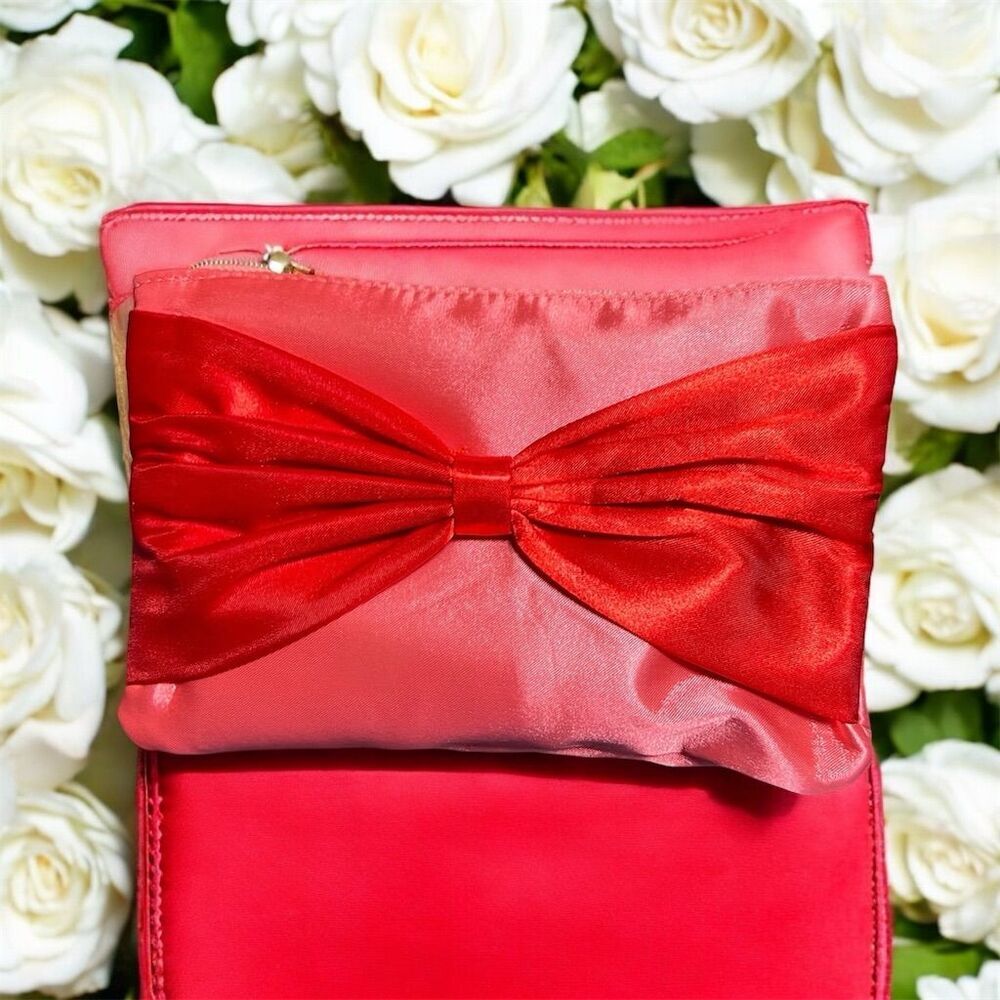 Ipsy Pink & Red Satin Glam Cosmetics Bag with Bow Accent​